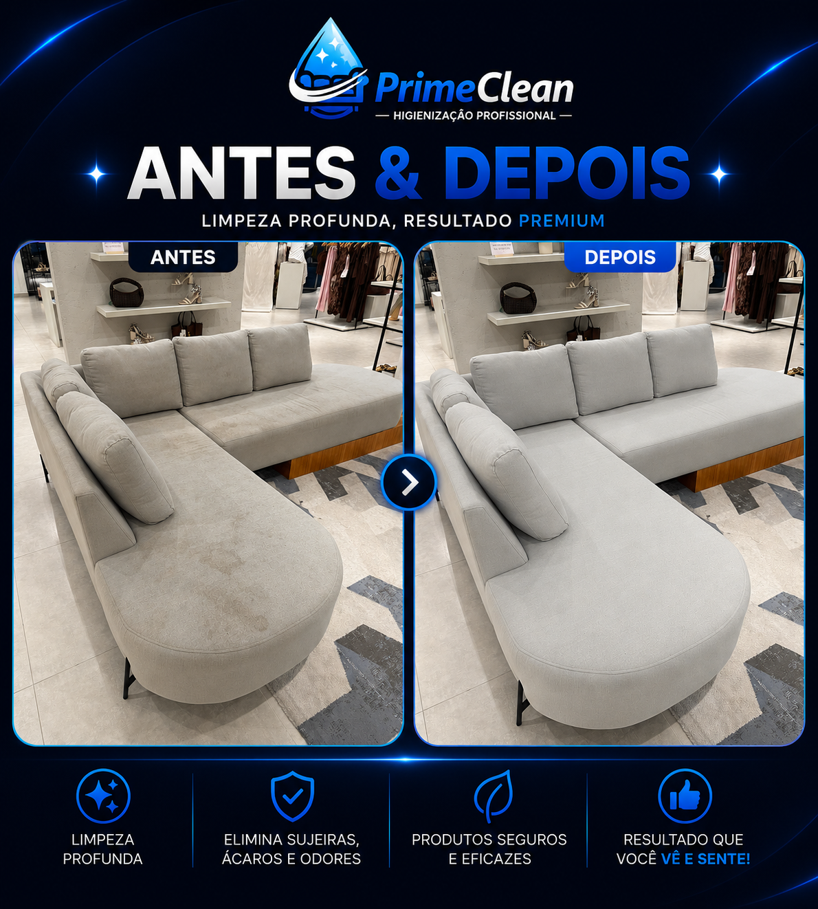 Antes e depois da higienização de sofá realizada pela PrimeClean