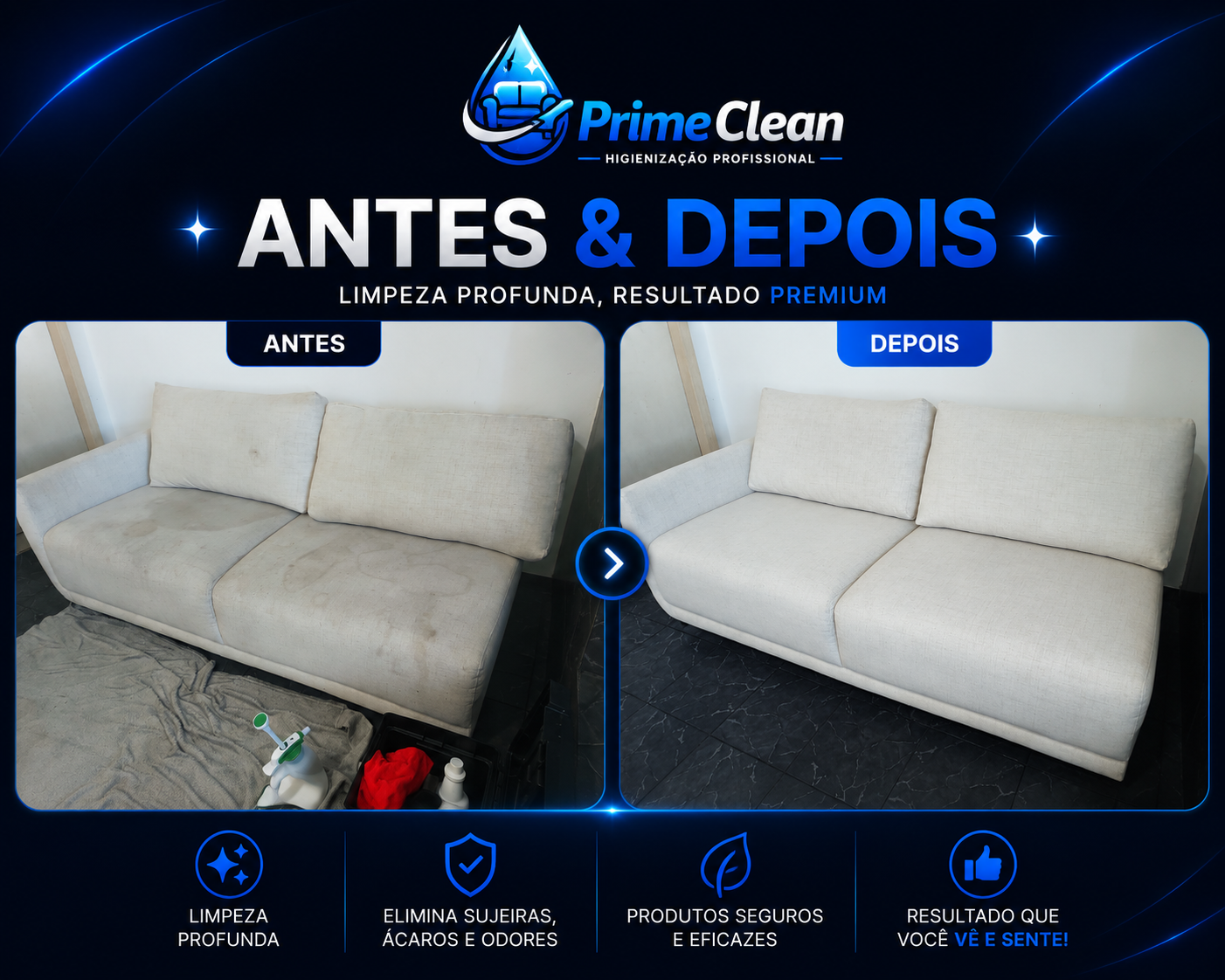 Antes e depois da higienização de sofá realizada pela PrimeClean