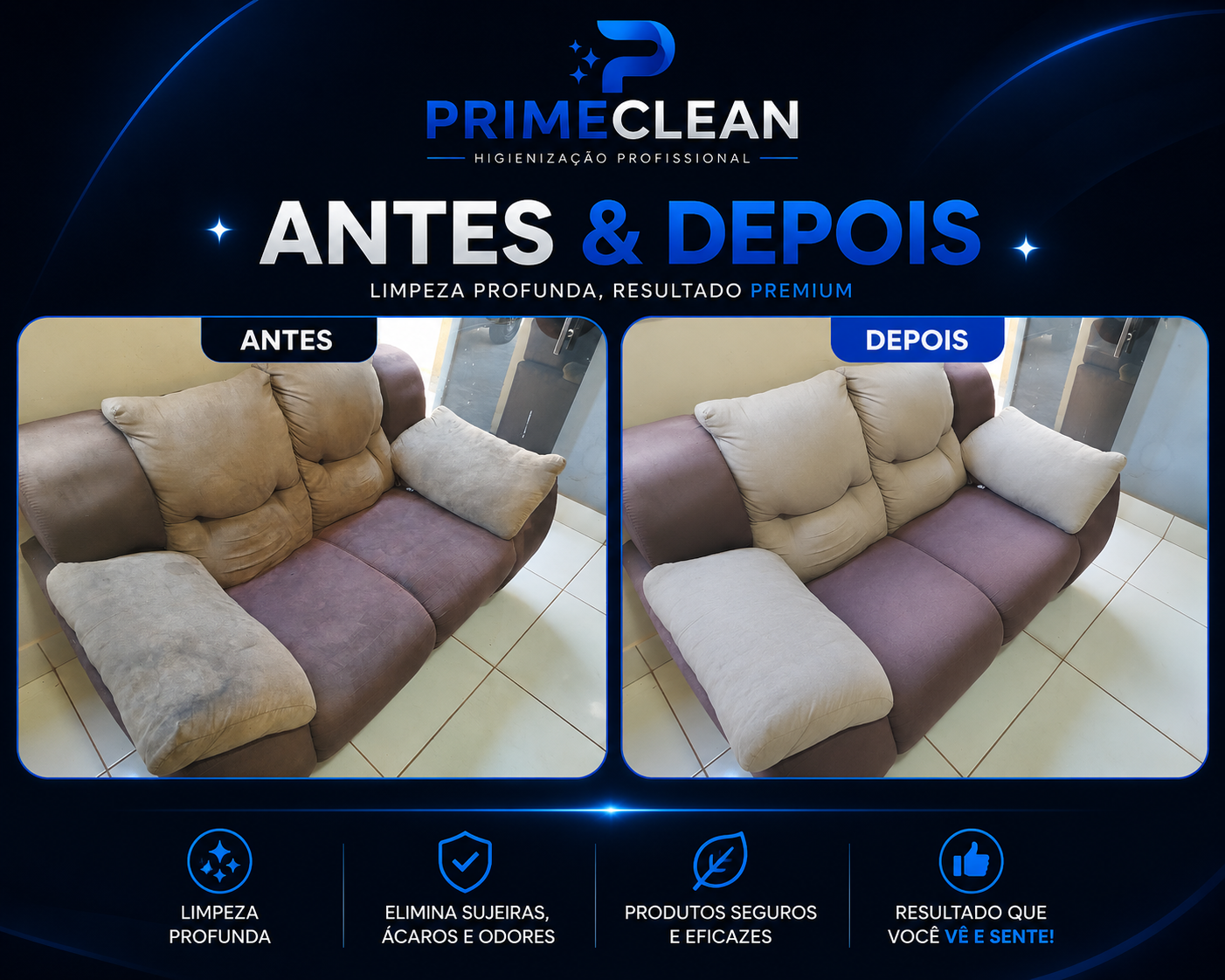 Antes e depois da higienização de sofá realizada pela PrimeClean